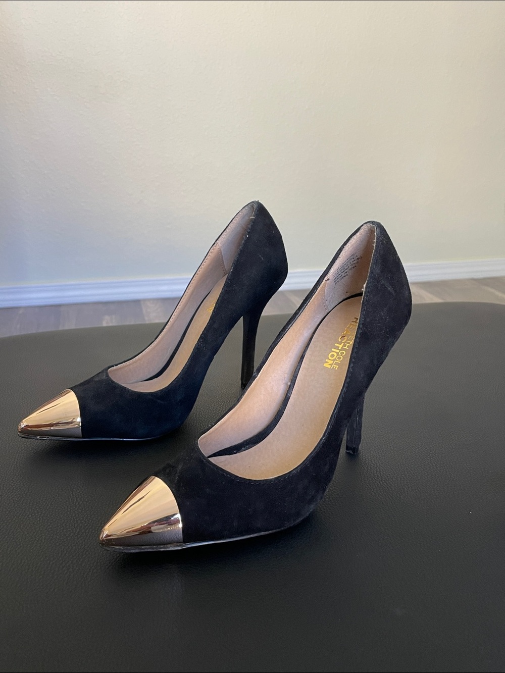 Kenneth Cole Black Suede Pointed Toe Pumps with Gold Cap